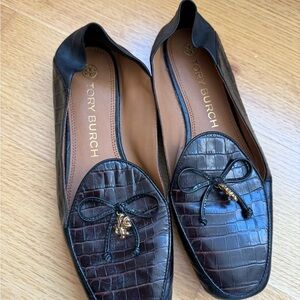 Tory Burch Croc-Embossed Black Loafers